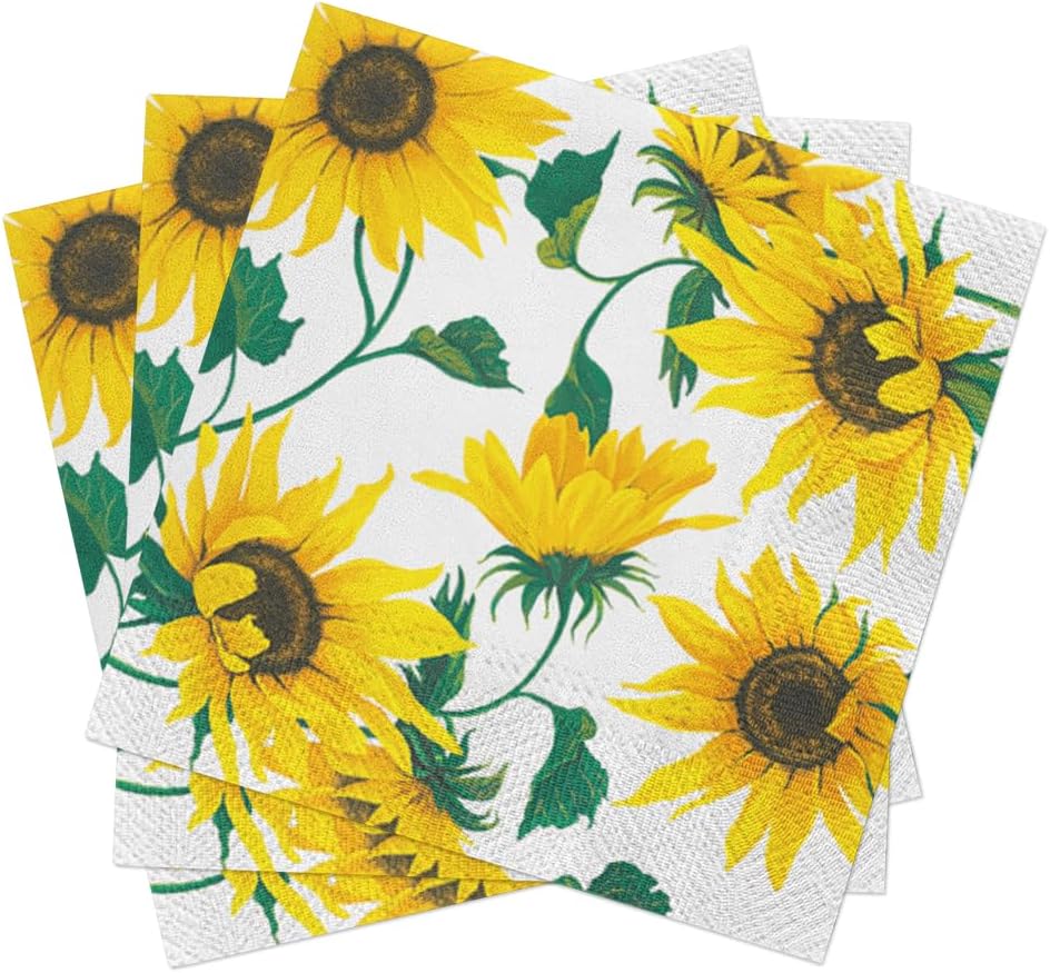Servilletas de papel para almuerzo, 40 unidades, 13 x 13 pulgadas, girasoles en blanco