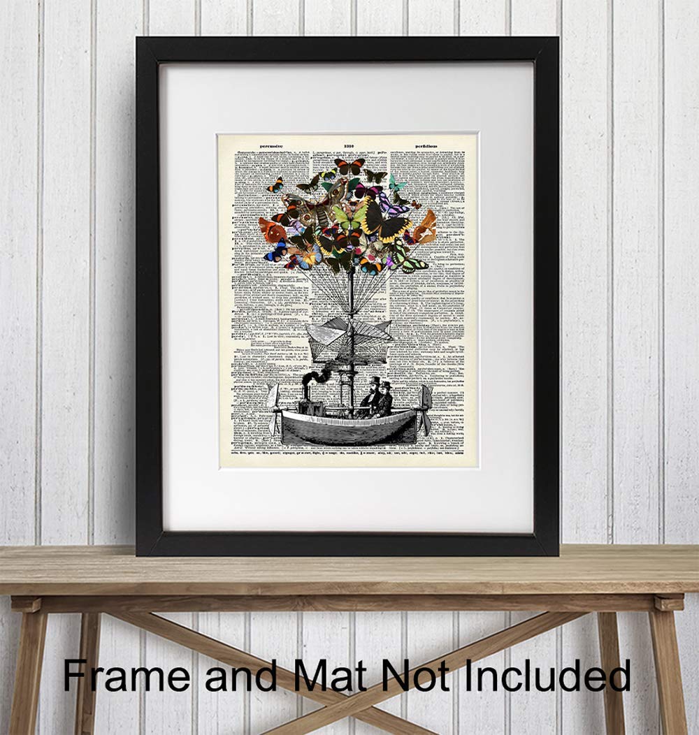 Steampunk Decor – Dirigible Poster – 8×10 Victorian Steampunk Wall Art – Butterflies Blimp Airship Room Decorations – Dictionary Page Photo –
