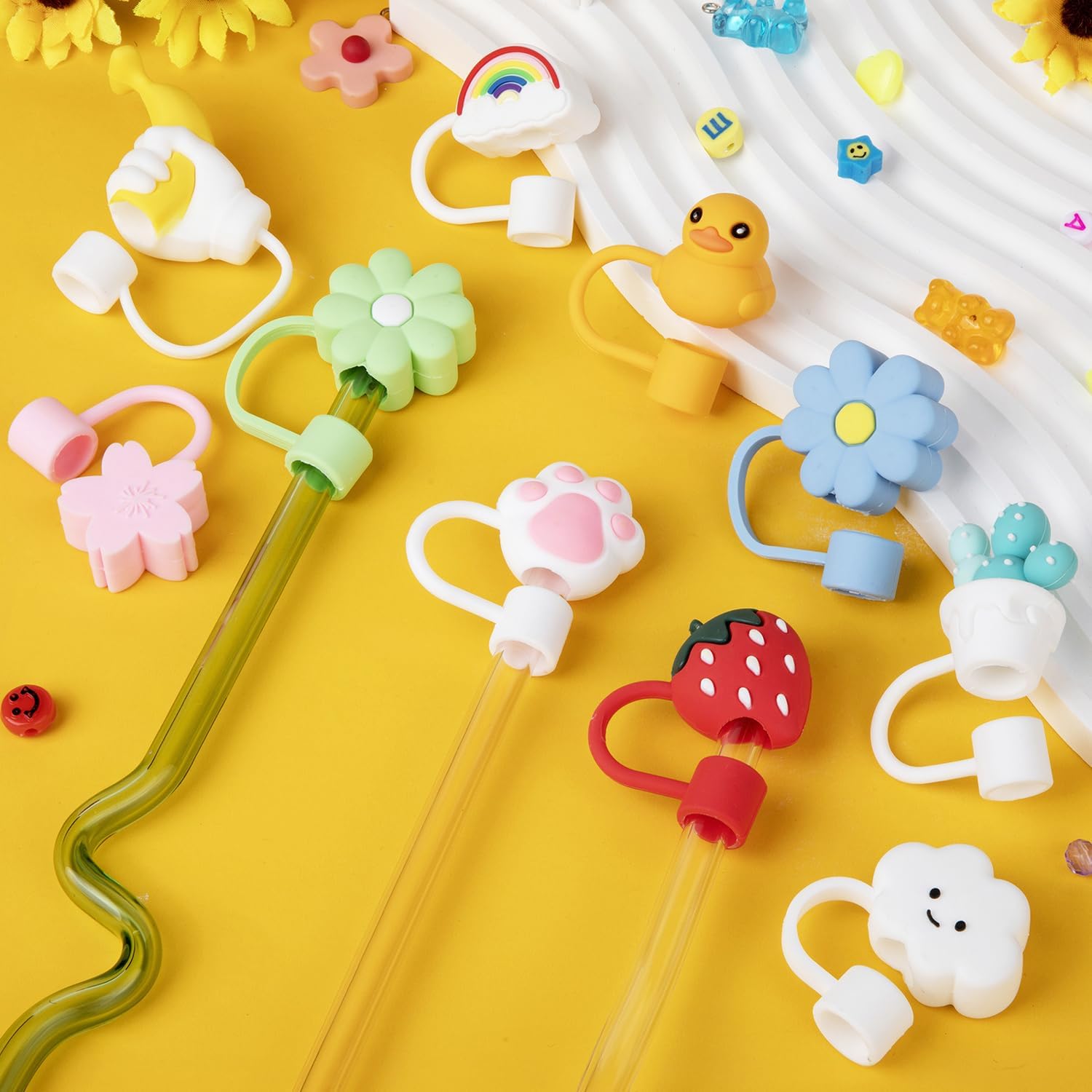 10 fundas grandes para pajilla, de 0.31 a 0.39 pulgadas (0.315-0.394 in), reutilizables, de silicona, con forma de sandía, oso, pato, flores, tapas
