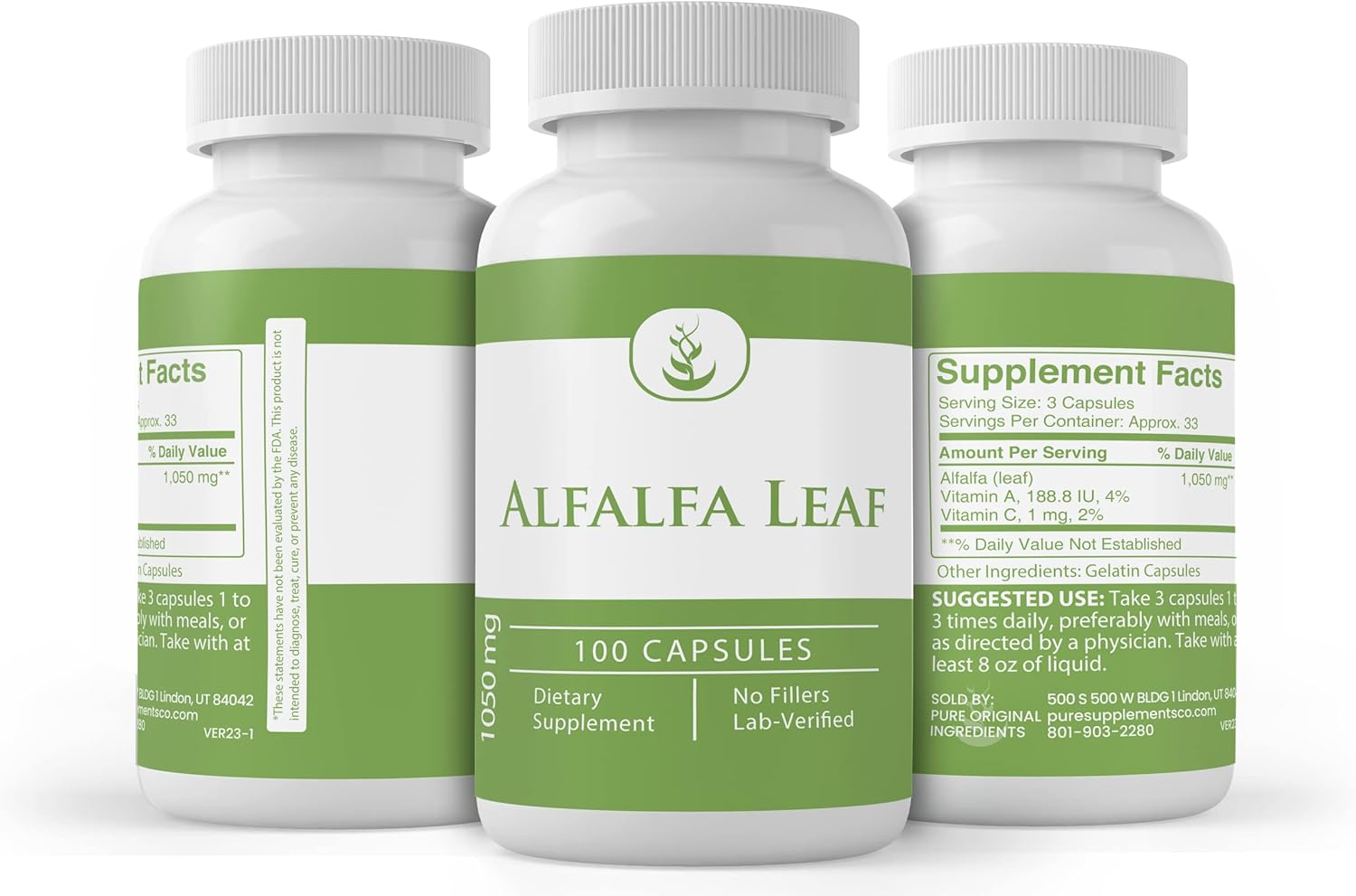 Pure Original Ingredients Hoja de alfalfa, (100 cápsulas) siempre pura, sin aditivos ni rellenos, verificada por laboratorio