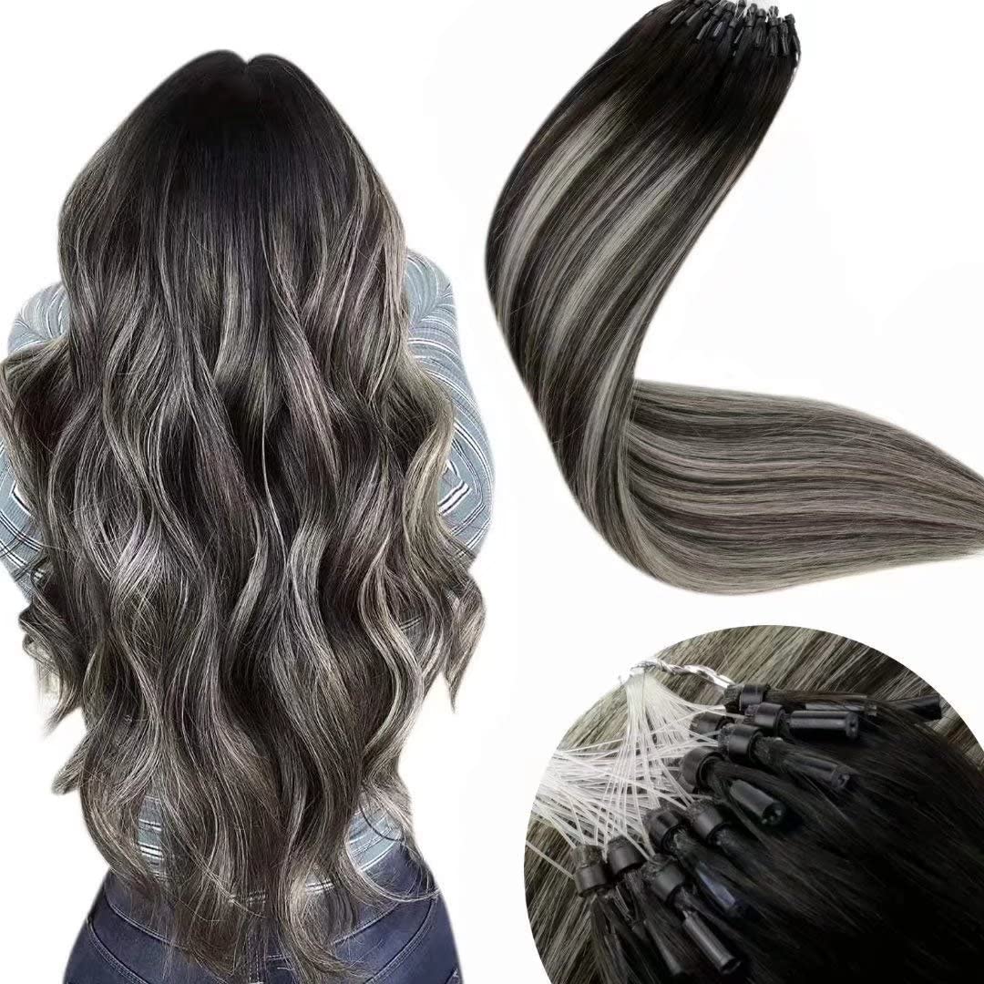 LaaVoo – Extensiones de pelo lacio con micro-anillos con amarre de silicón, pre-atadas, fusión fría, 100 % cabello humano real Remy, 0.04ozmechón,