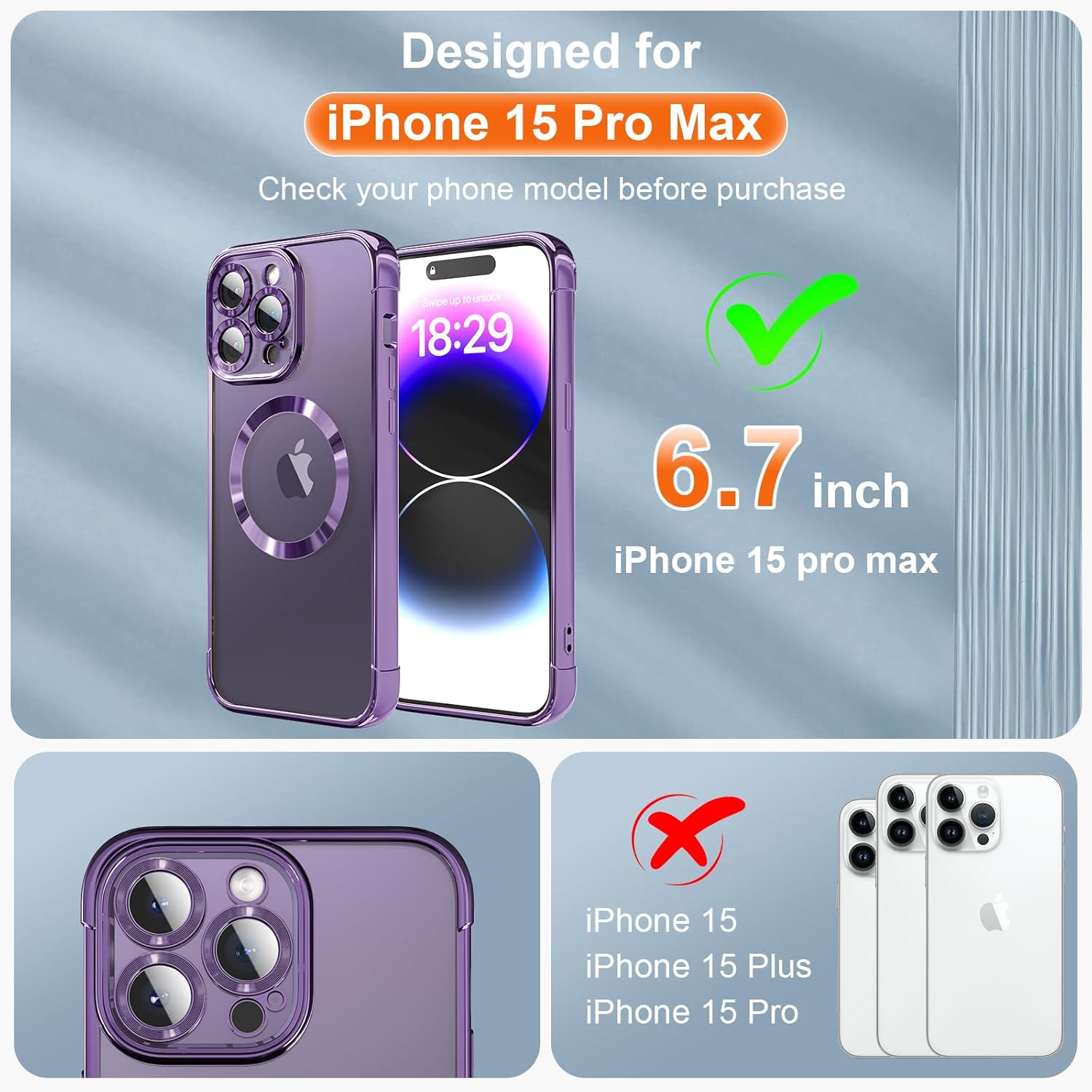 Funda MagSafe para iPhone 15 Pro Max con protector de cámara, funda de protección completa para iPhone 15 Pro Max, funda transparente y bonita para