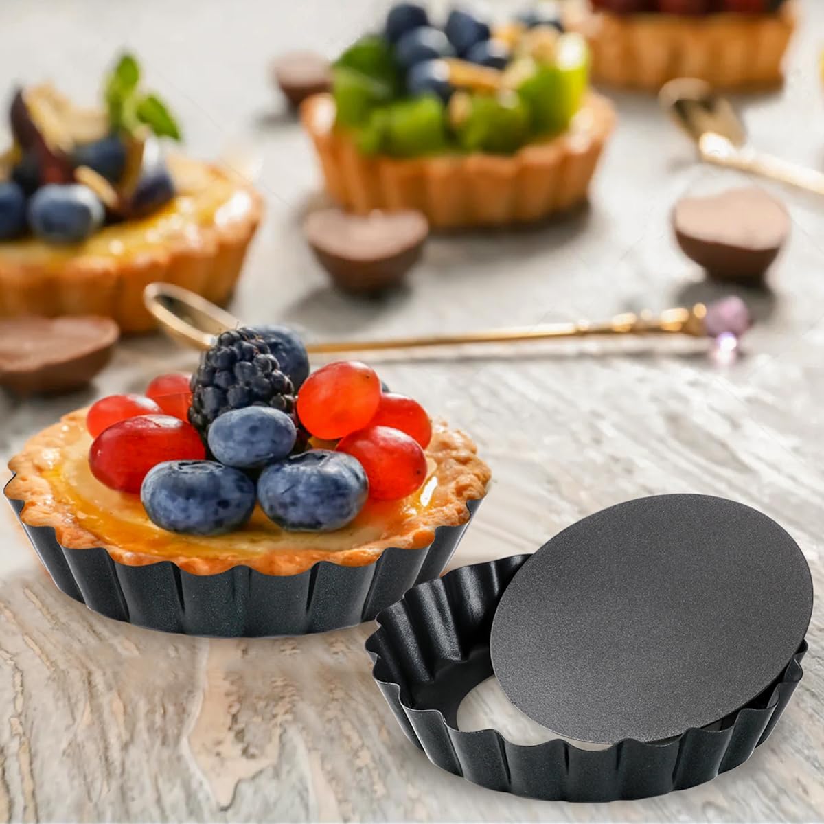 Juego de 12 moldes para tartas de 4 pulgadas, mini sartenes para tartas con fondo suelto, antiadherentes, redondos, mini quiche, reutilizables, de