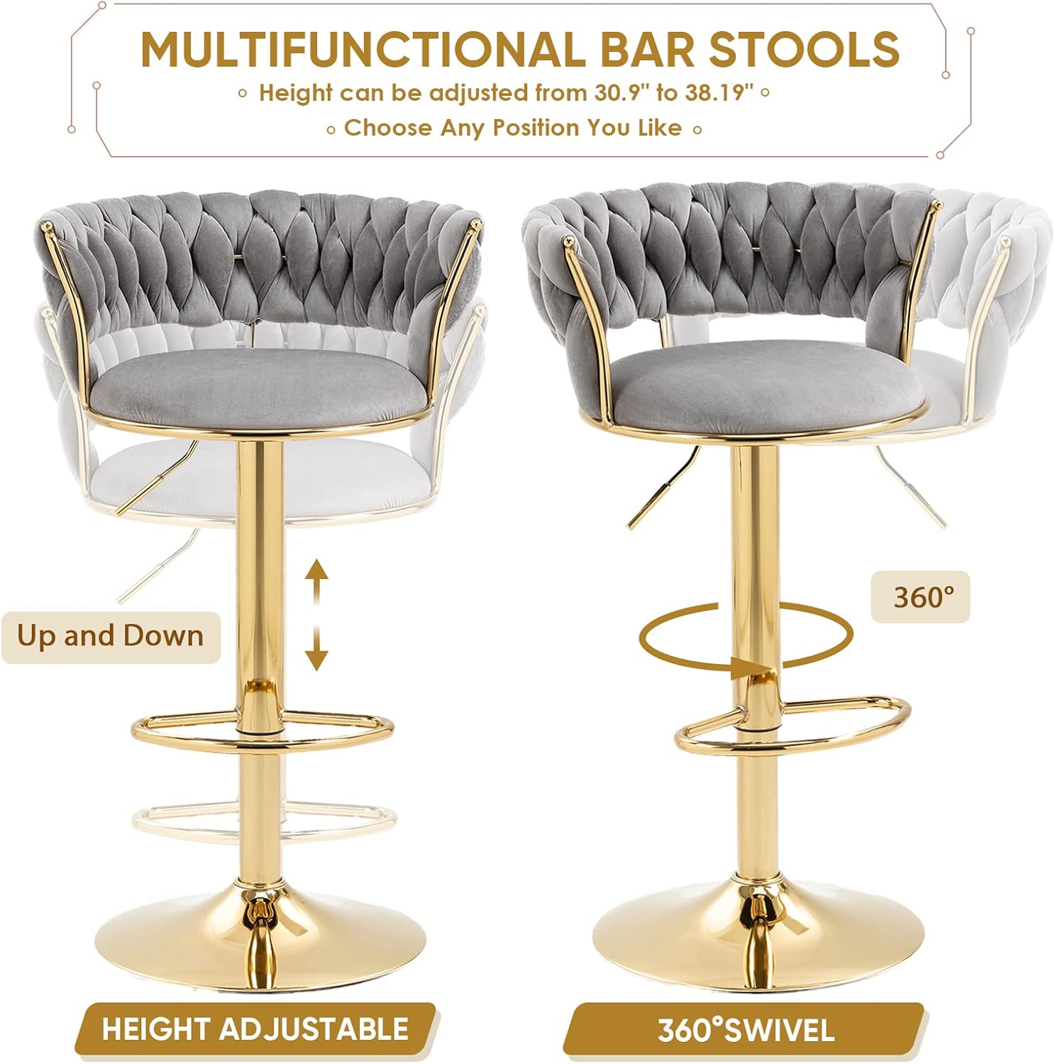 KINFFICT Juego de 2 taburetes de bar giratorios de terciopelo, taburetes de bar ajustables con respaldo tejido, sillas de comedor tapizadas,