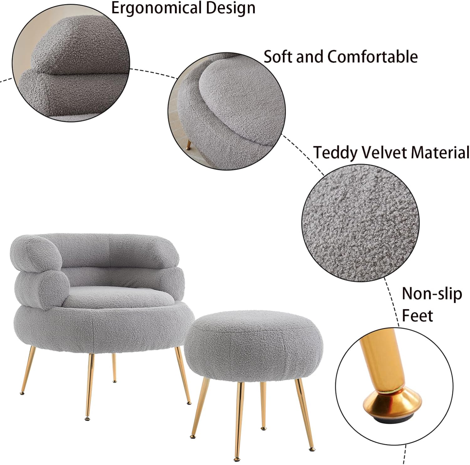 Modern Accent Chair with Ottoman,Teddy Fleece Velvet Comfy Reading Chair Leisure Armchairs Lounge Single Sofa Couch for Small Space, Apartment,