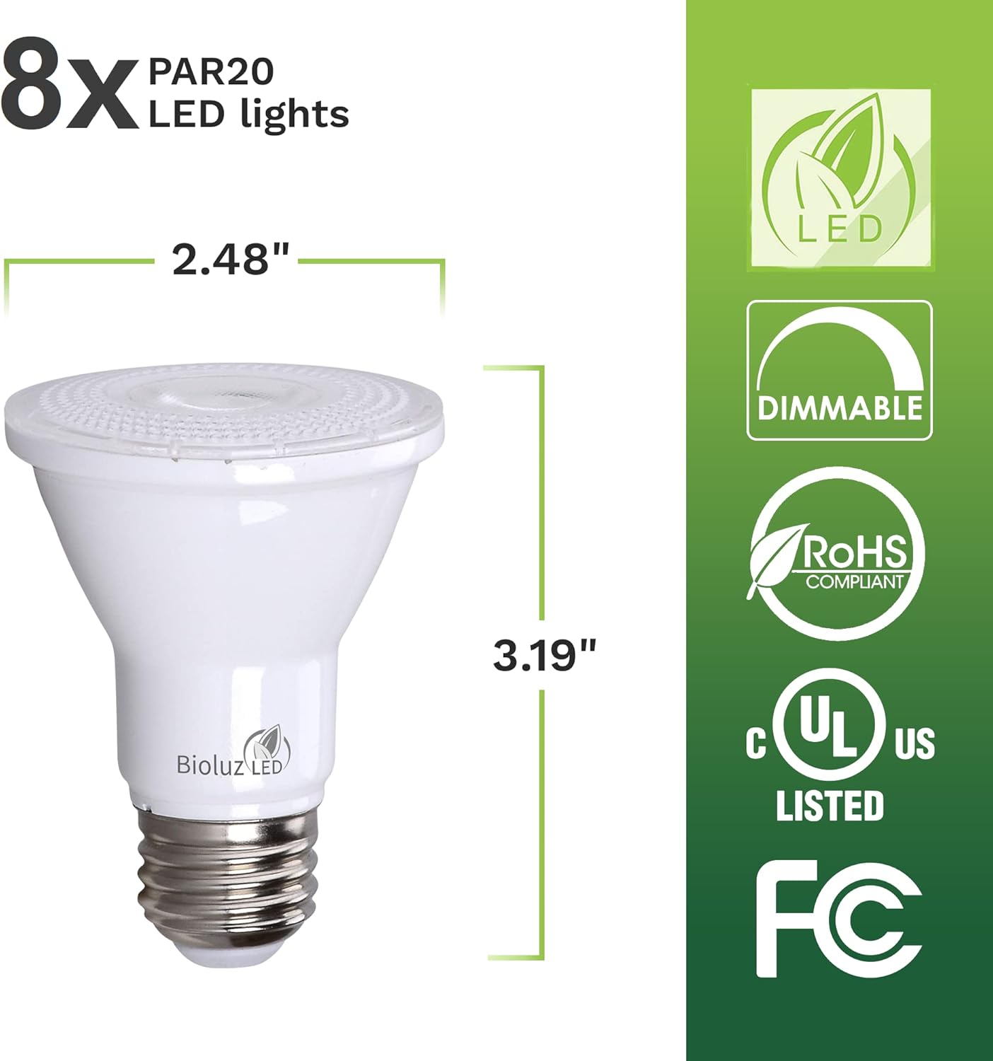 Bioluz LED Bombillas LED PAR20 5000K 90 CRI 5.5W  75W de repuesto 500 lúmenes lámpara regulable  Listado UL y Título 20 (5000 K luz diurna, 8