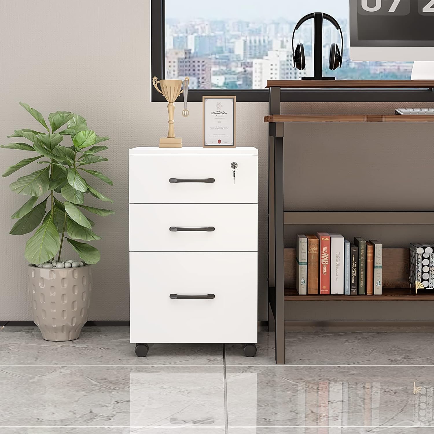 Archivador móvil de 3 cajones con cerradura, gabinete de llenado vertical blanco sobre ruedas, pequeño archivador rodante, gabinete debajo del