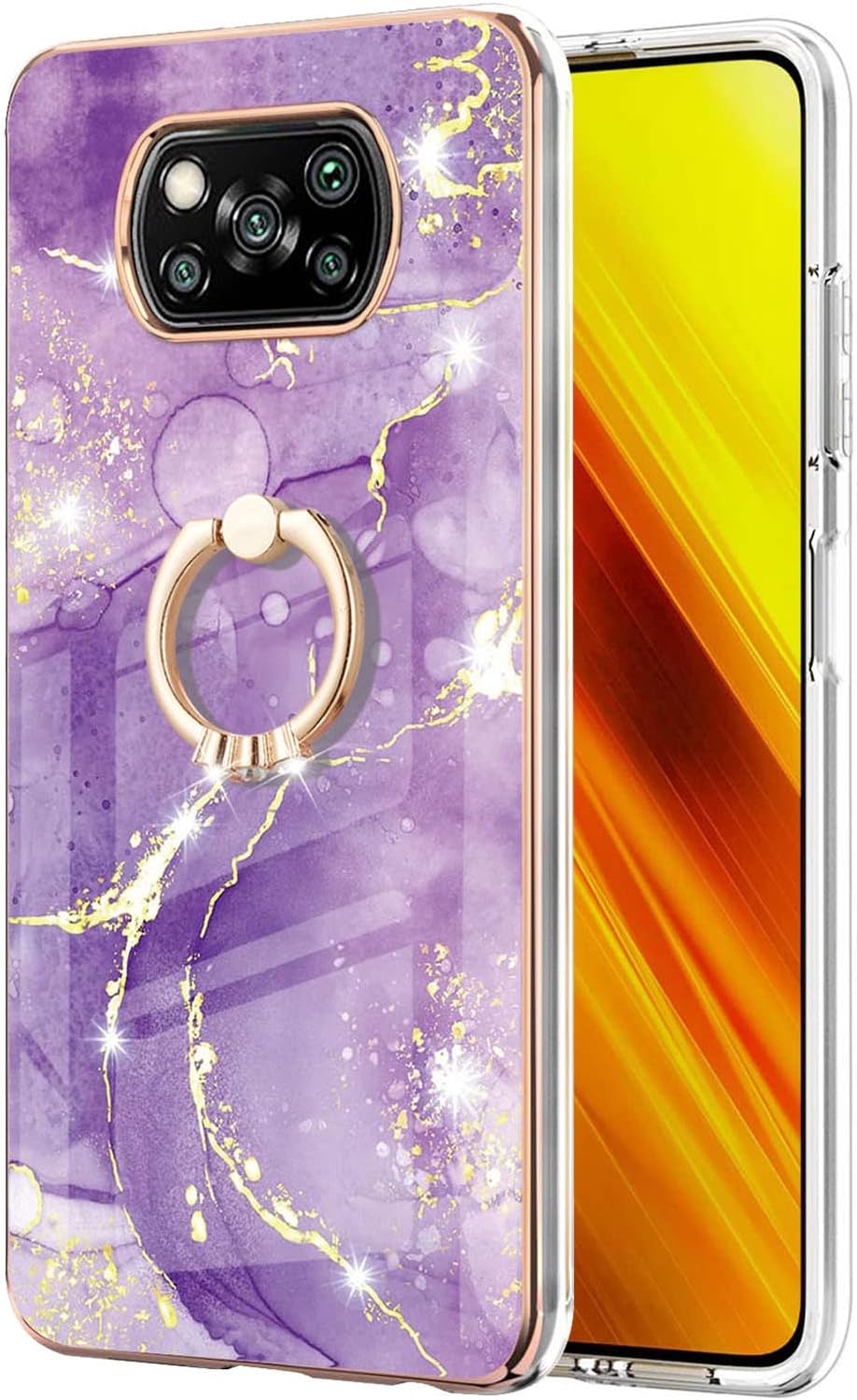 Monwutong Funda de teléfono para Xiaomi Poco X3 NFC, IMD patrón de mármol brillante anillo Kickstand caso para niñas, lente de cámara y cubierta