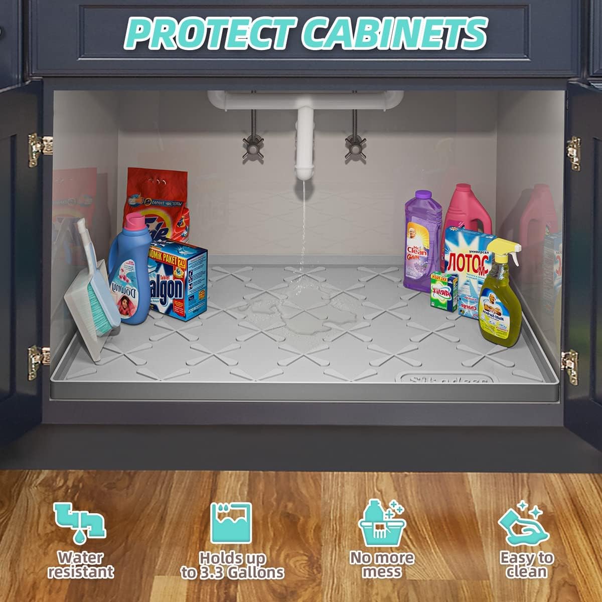 Tapete para debajo del fregadero para cocina, impermeable, 25 x 22 pulgadas, tapete de silicona para gabinete para baño, organizador debajo del