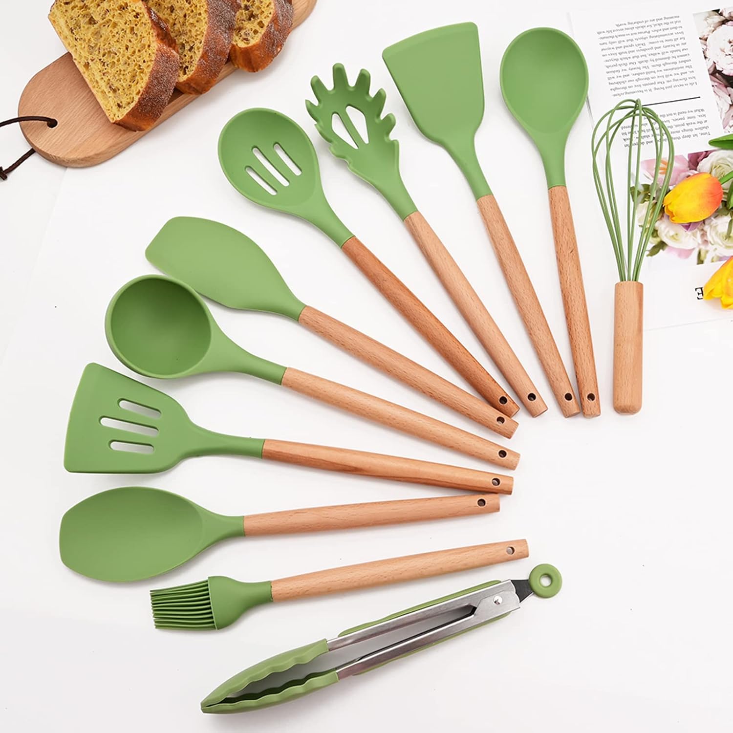 1 utensilio de cocina de silicona verde aguacate resistente al calor, mango de madera, espátulas de cocina antiadherentes para pescado, huevos y