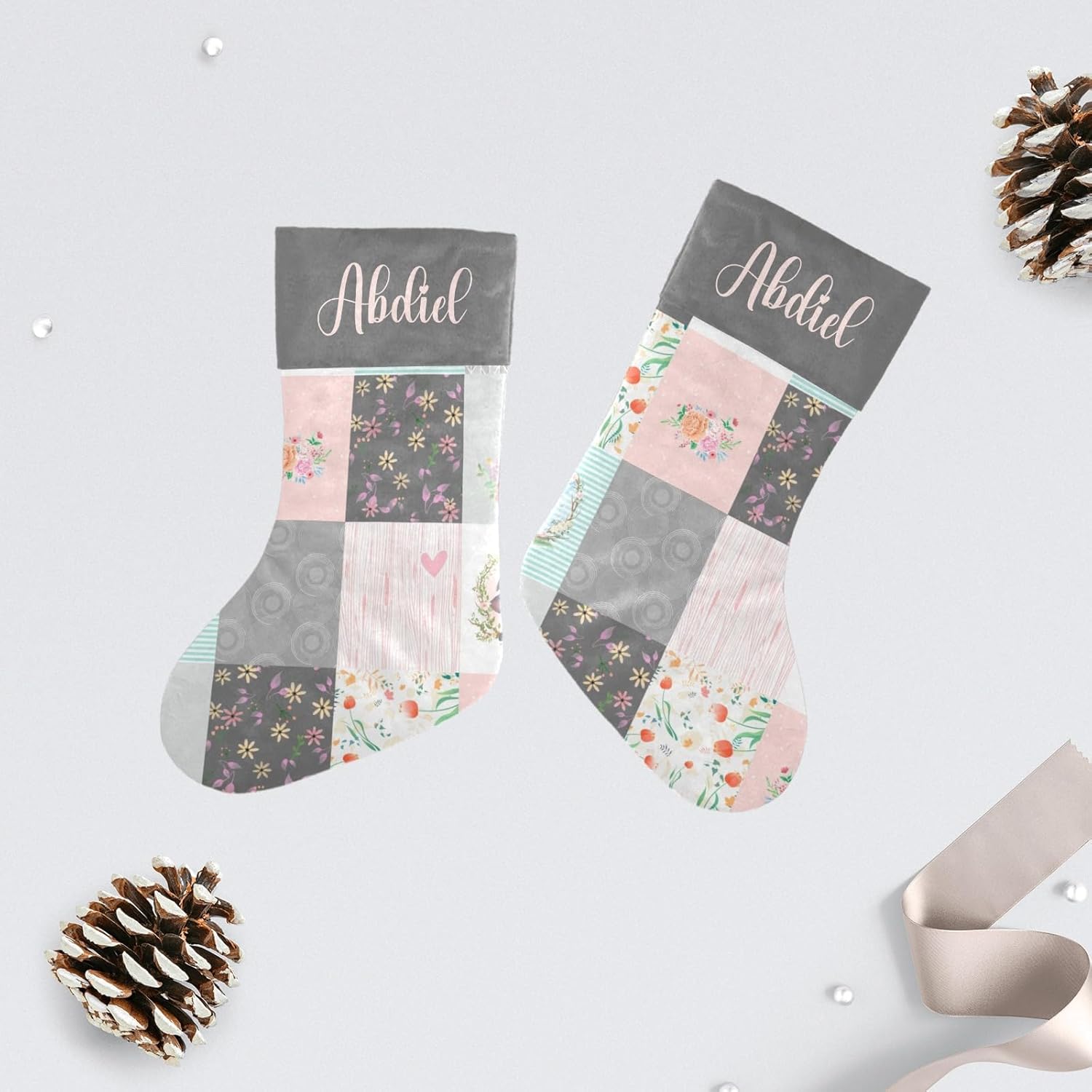 SunFancy Calcetines de Navidad personalizados, diseño de elefante, flores y zorros, calcetines de Navidad personalizados para niños y niñas,