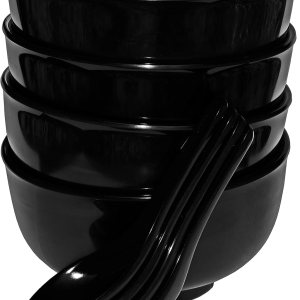 Calvin & Co Juego de 4 cuencos y cucharas de melamina y miso para cereales (negro, pequeño) Calvin & Co Juego de 4 cuencos y cucharas de melamina y miso para cereales (negro, pequeño)