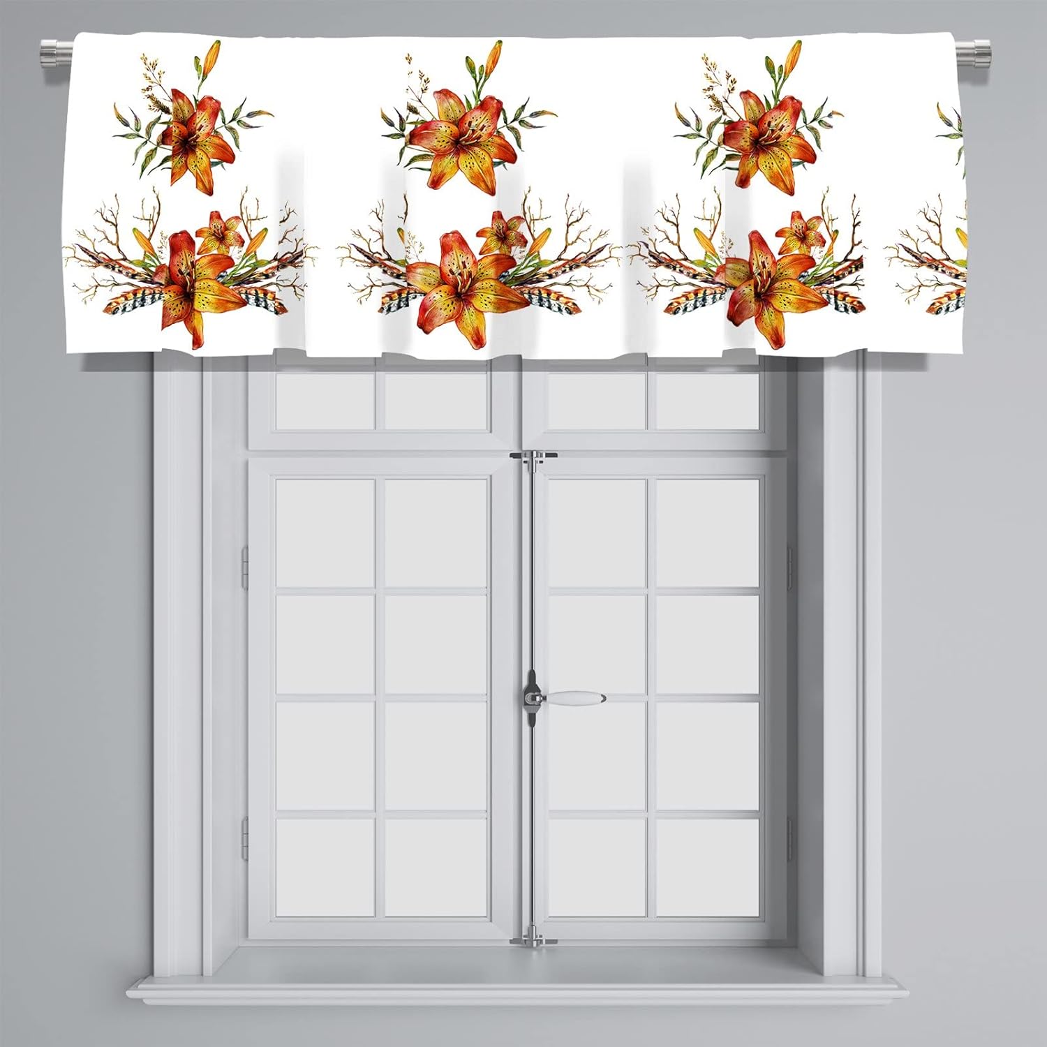 Ramo de lirio de tigre en acuarela con bolsillo para cortinero de plumas, cenefa corta para cortina de ventana para decoración de cocina,