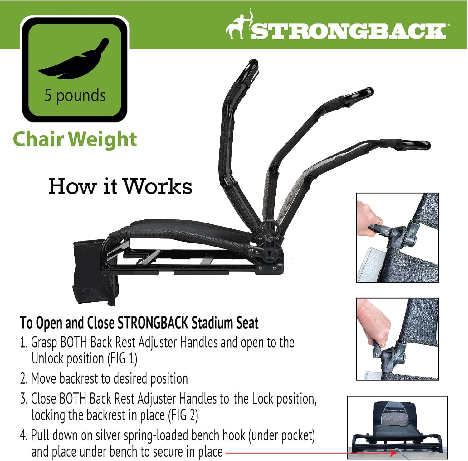 STRONGBACK Asiento de estadio portátil para gradas con reclinación ajustable y soporte trasero