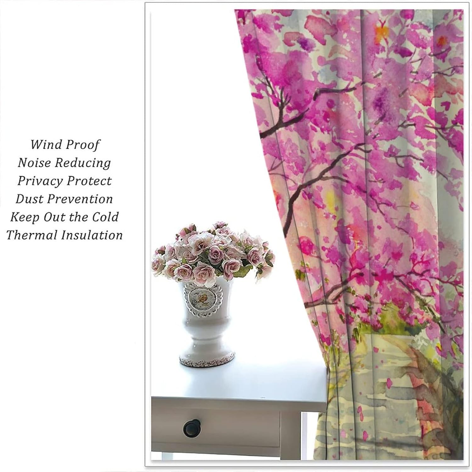 INSFBRB Cortinas opacas con diseño floral japonés, acuarela de primavera, diseño de cerezo rústico, aislamiento térmico y reducción de ruido, 2