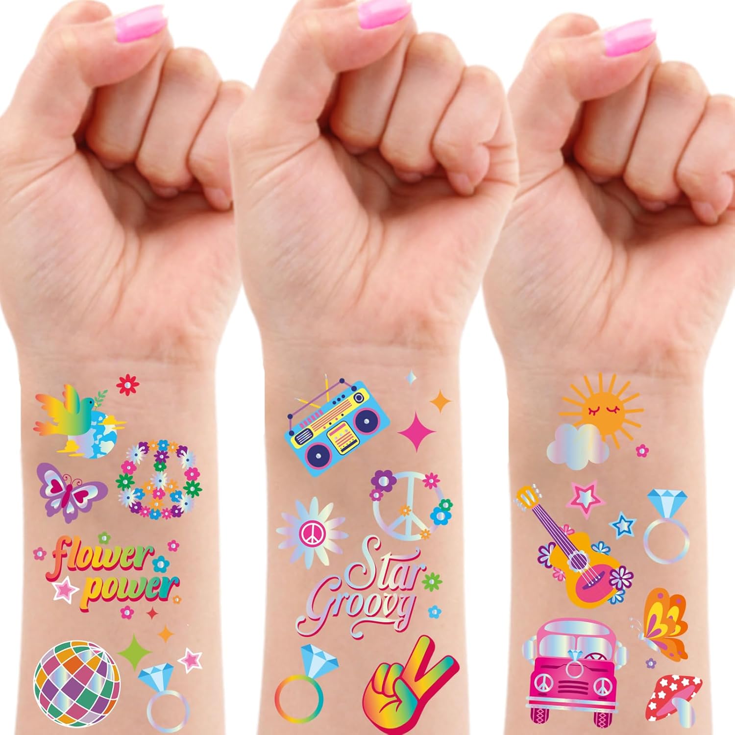 Qpout 86 tatuajes temporales hippie con purpurina para niños, impermeables, brillantes, estilos de plata, flor, poder, amor y paz, tatuajes geniales