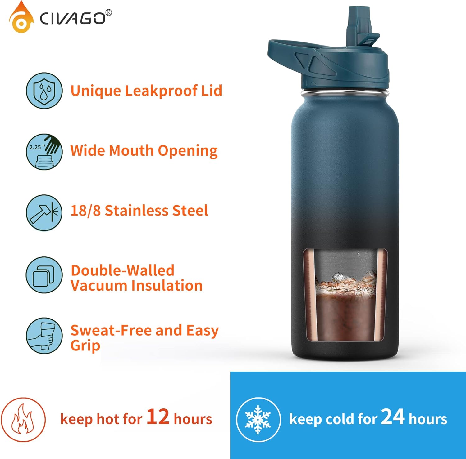 CIVAGO Botella de agua aislada de 40 onzas con pajilla, taza de agua deportiva de acero inoxidable con 3 tapas (pajilla, boquilla portátil y tapa de