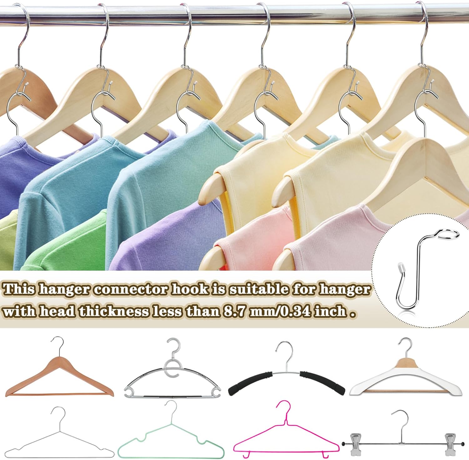 50 ganchos de metal para colgar ropa estable para diferentes perchas de ropa, 0.34 pulgadas de diámetro, color plateado