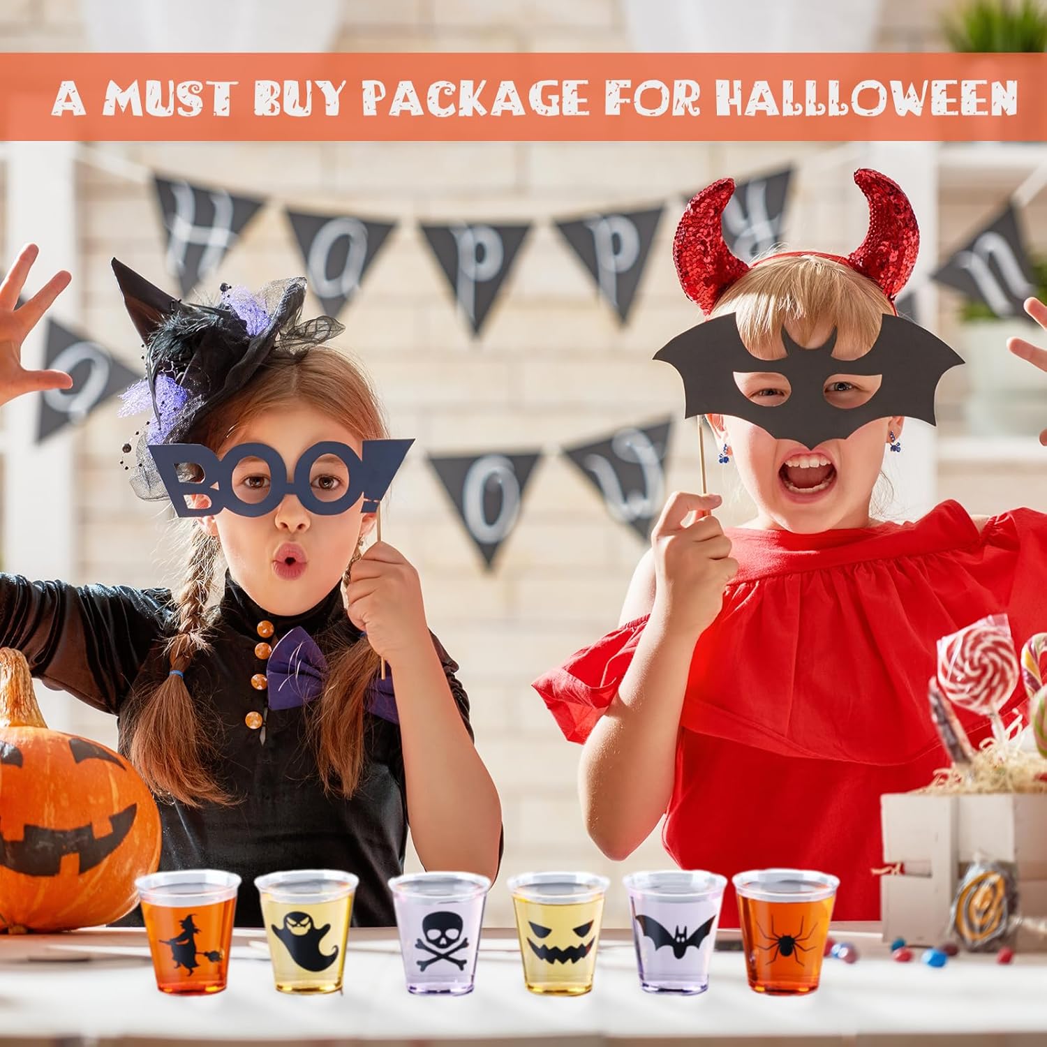 Mumufy 120 vasos de chupito de plástico de Halloween de 1.69 onzas desechables para fiestas, vasos de calabaza y fantasmas, muestra clara, tazas