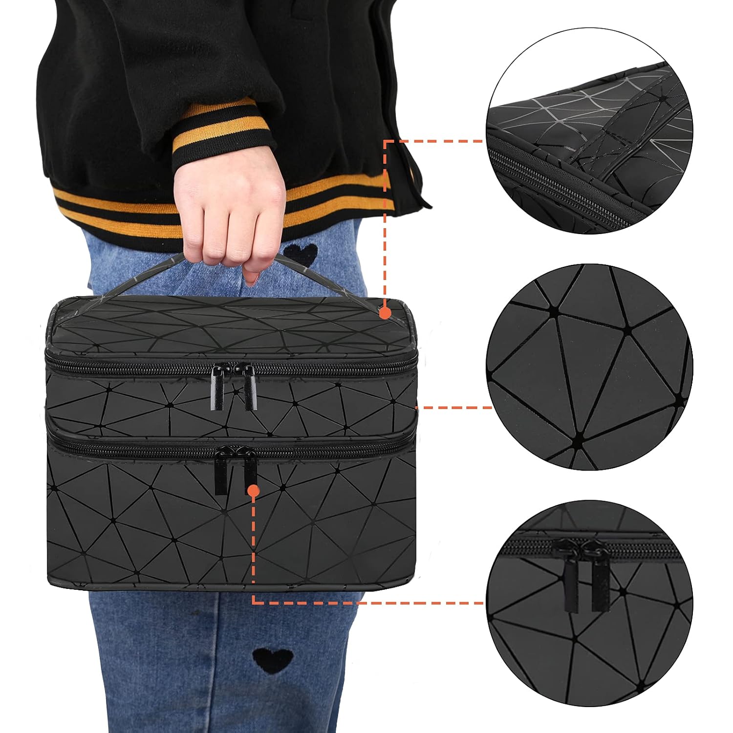 Organizador de esmalte de uñas, estuche de transporte de viaje, personalizado para juego de manicura, bolsa de transporte de doble capa (negro,