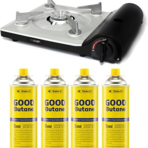 TECHEF – AGNI – Quemador portátil de gas butano, estufa de emergencia, estufa de cocina de campamento + 4 recipientes de combustible, fabricado en TECHEF – AGNI – Quemador portátil de gas butano, estufa de emergencia, estufa de cocina de campamento + 4 recipientes de combustible, fabricado en