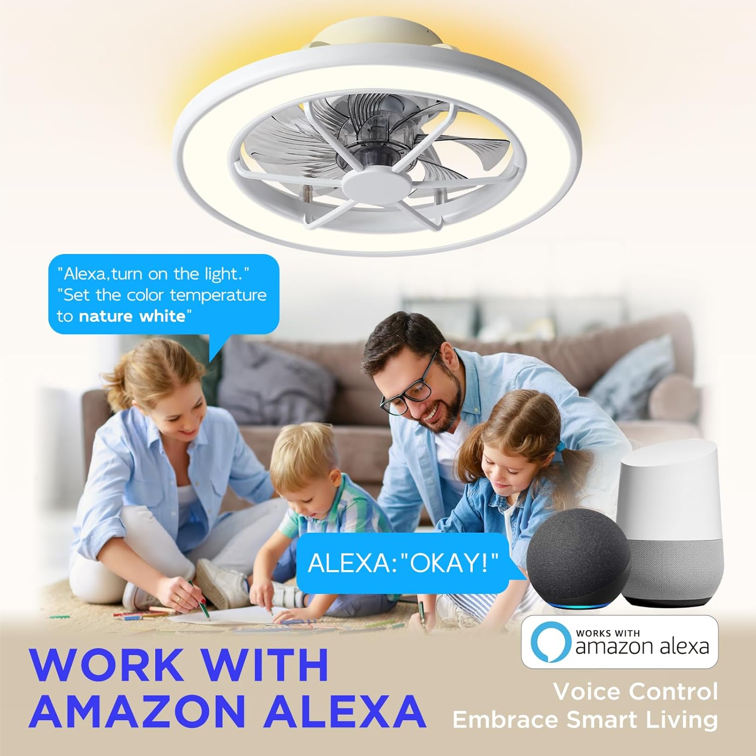 ocioc Ventiladores de techo de perfil bajo con luces, ventiladores de techo inteligentes de 18 pulgadas con AlexaGoogle AssistantApp Control que