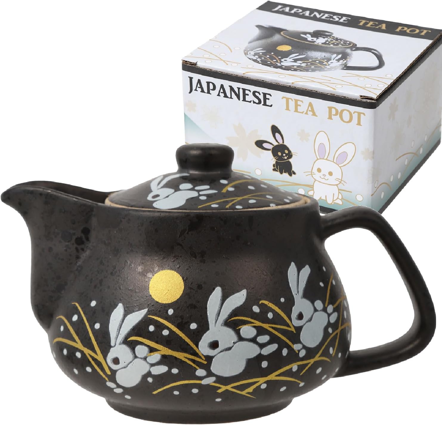 HAKONE YOSEGI Tetera japonesa Kutani Yaki de conejo Kutani Yaki de 10 onzas con infusor extraíble, taza con asa, tetera segura para estufa, set de