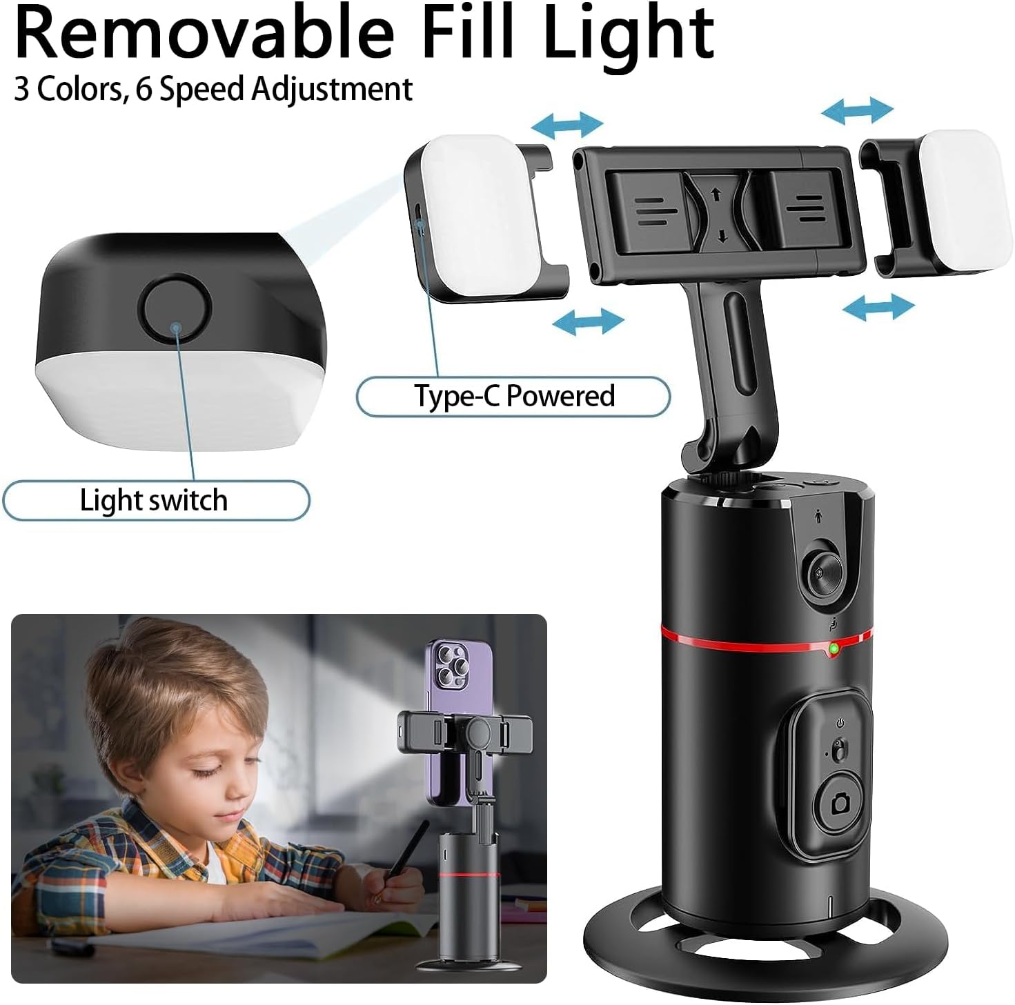 Soporte para teléfono de seguimiento facial automático 2024 con luz de llenado plegable y AFARER con rotación de 360, trípode de seguimiento facial