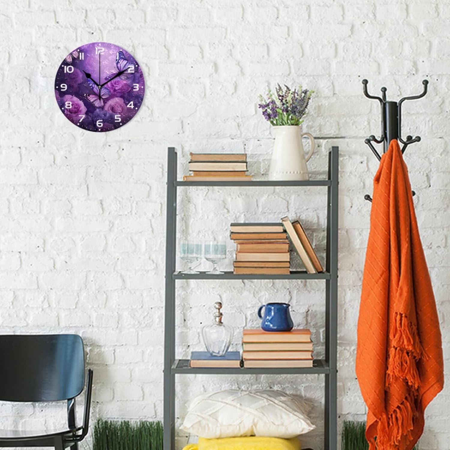 Reloj de pared de mariposa morado, silencioso sin tictac, funciona con pilas, reloj redondo decorativo creativo para cocina, sala de estar, baño,