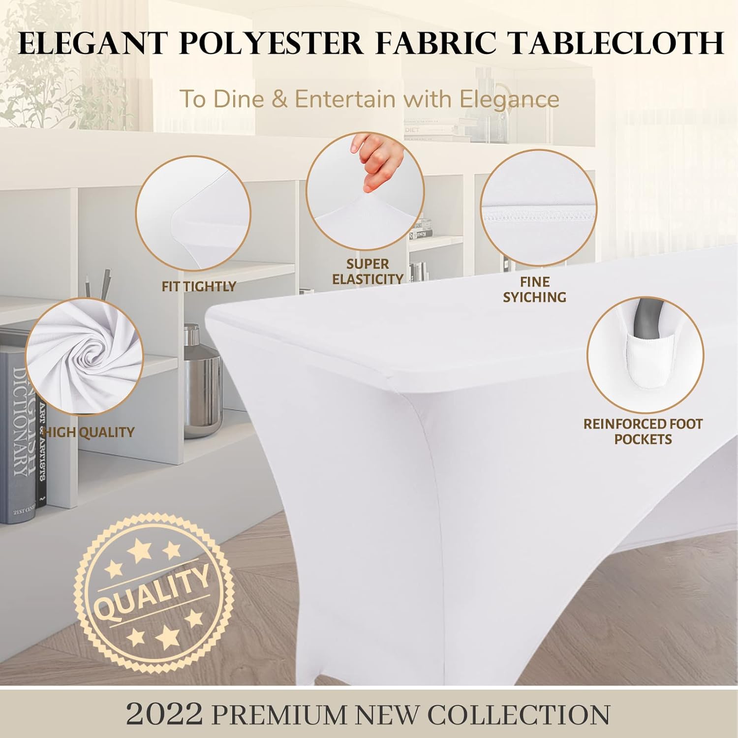 Mantel de elastano ajustable de poliéster de 6 pies, mantel elástico para mesa, con espalda abierta, color blanco