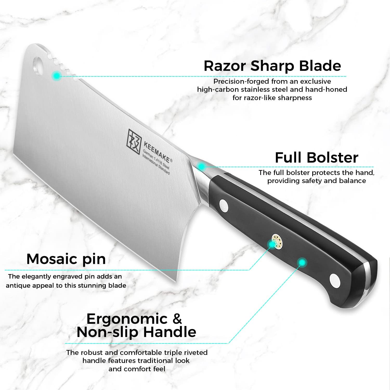 KEEMAKE Cuchillo de carnicero de 7 pulgadas, cuchillo de carnicero con acero inoxidable de alto carbono 1.4116, cuchillo de carnicero resistente con