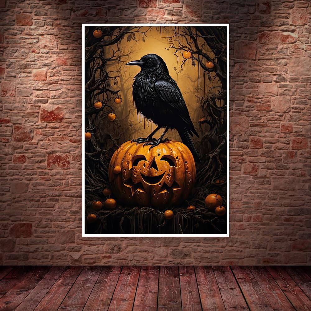Arte de pared gótico vintage con diseño de cuervo negro y calabaza sonriente, póster de Halloween, lienzo de estilo victoriano, Academia oscura,