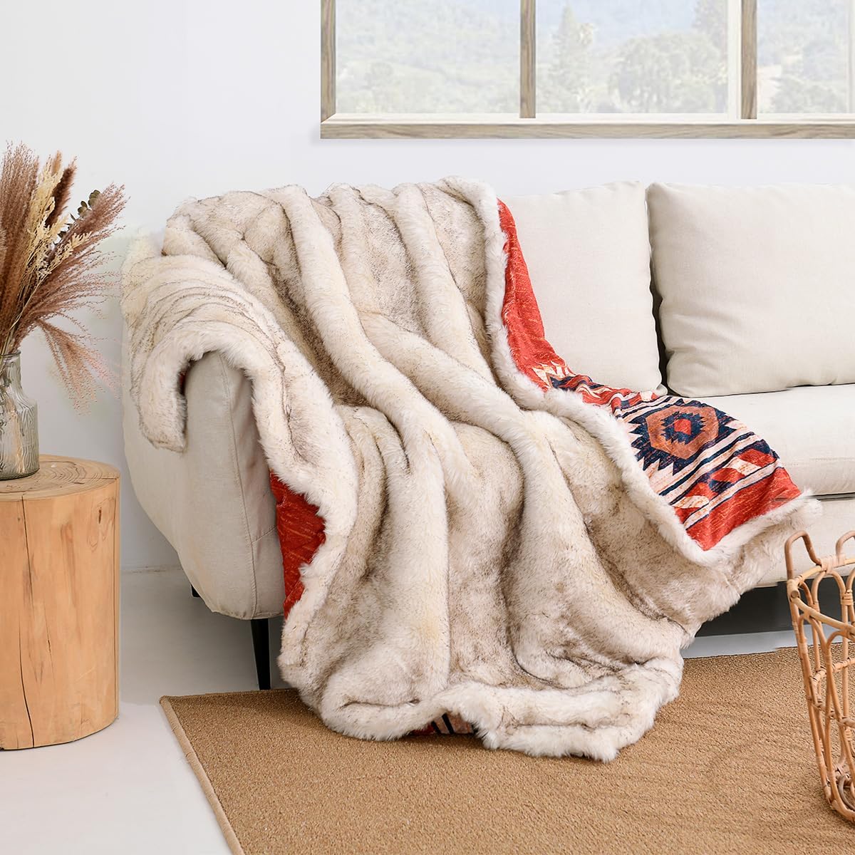 Manta de felpa de piel sintética de lujo con patrón azteca, súper cálida, esponjosa, elegante, mullida manta decorativa para sofá, sillón, sofá y