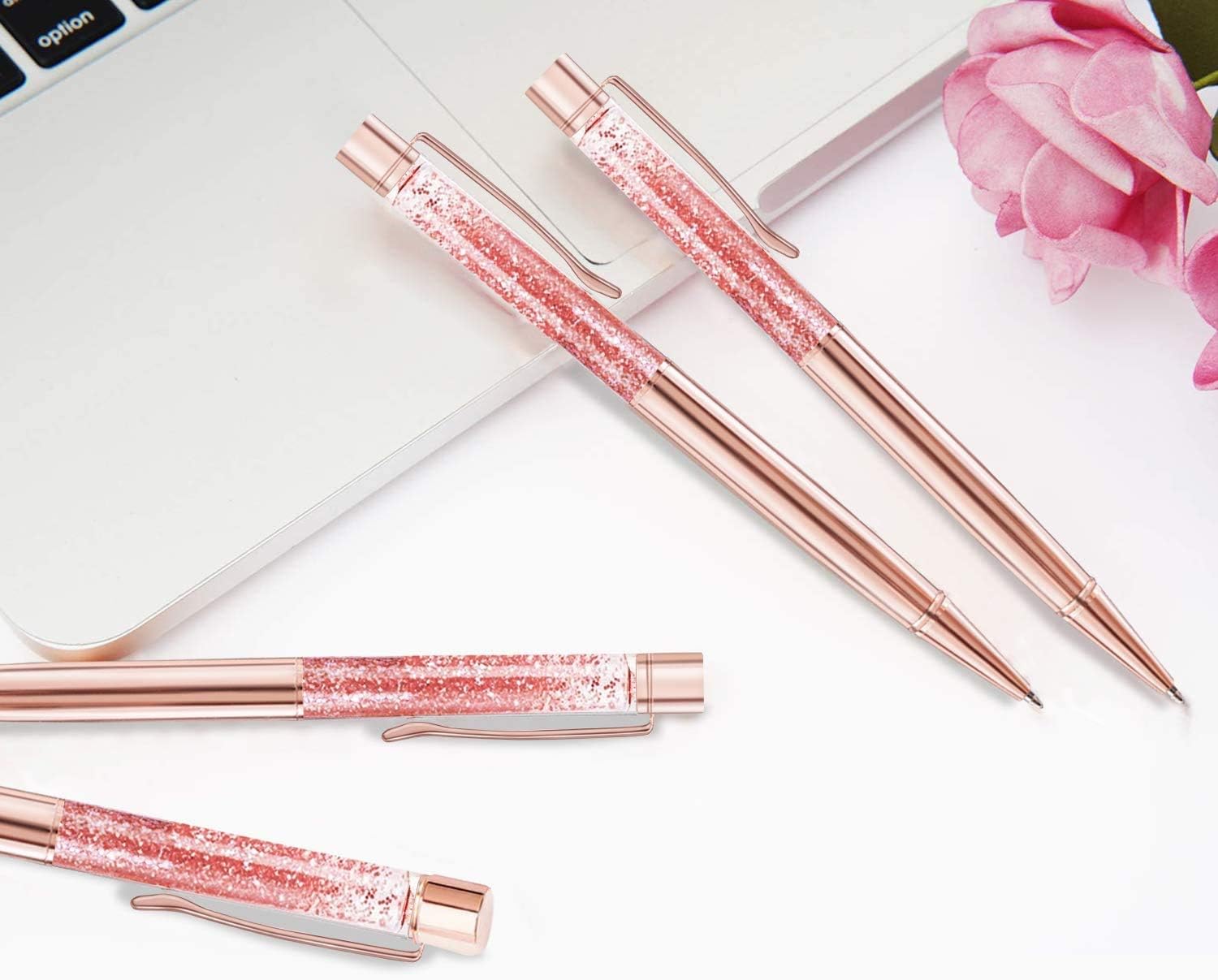 ZZTX 10 bolígrafos de oro rosa, bolígrafo de metal brillante dinámico de arena líquida con recambios, tinta negra, suministros de oficina,