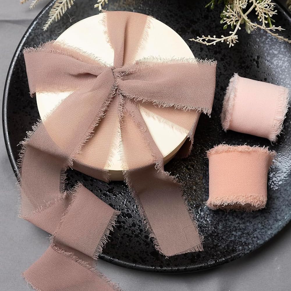 Cintas de tela de gasa con flecos, 3 rollos de 1.5 pulgadas x 5 yardas, juego de cintas de seda suaves hechas a mano para ramos de flores de novia,