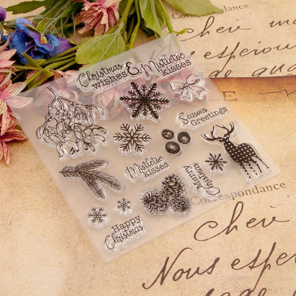 Sello transparente de silicona transparente, diseño de copos de nieve, hojas de pino, ciervos, piñas, tarjetas de álbum de goma para hacer tarjetas,
