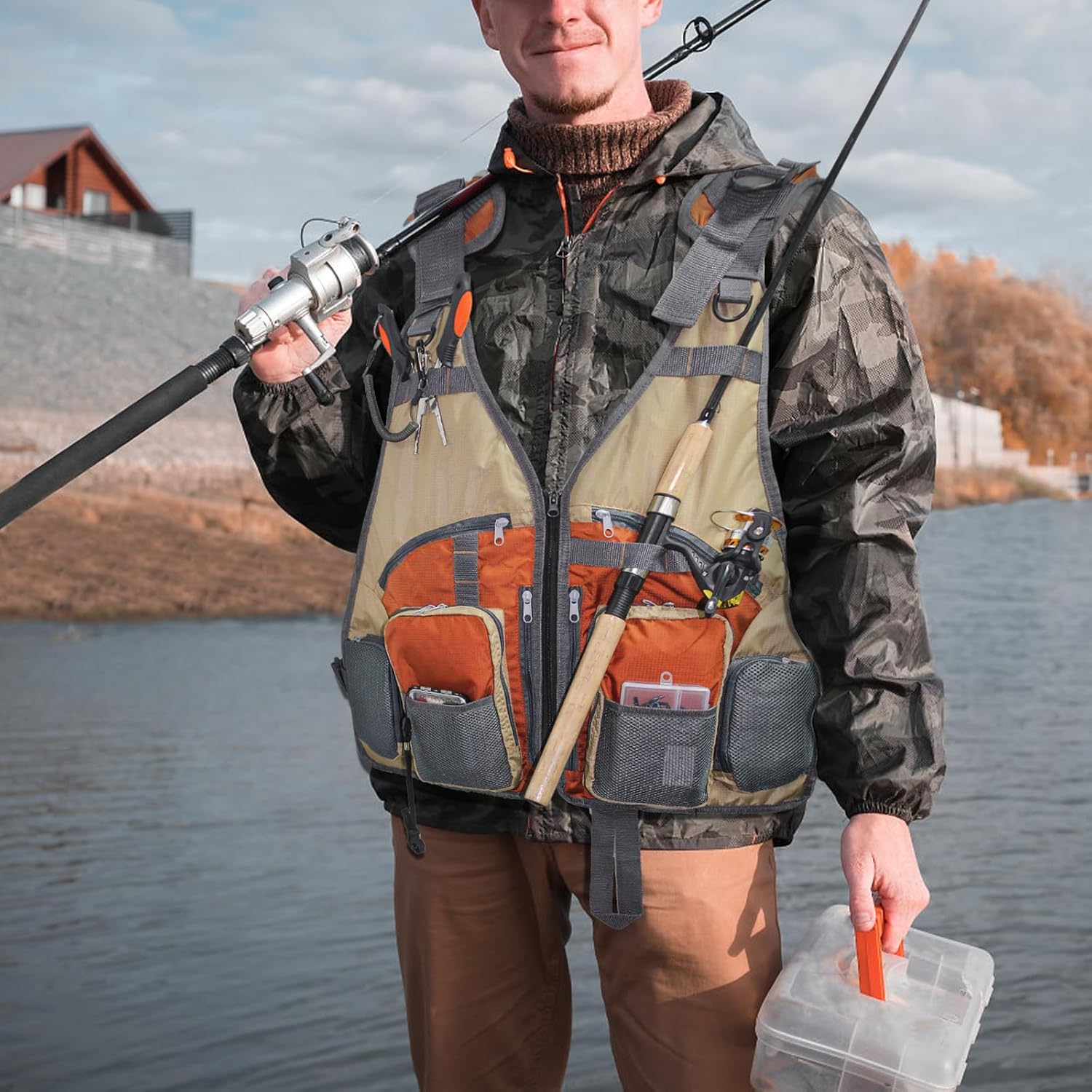 Chaleco de pesca con mosca con múltiples bolsillos, tamaño ajustable para hombres y mujeres, equipo de pesca, chaleco de regalos para acampar y cazar