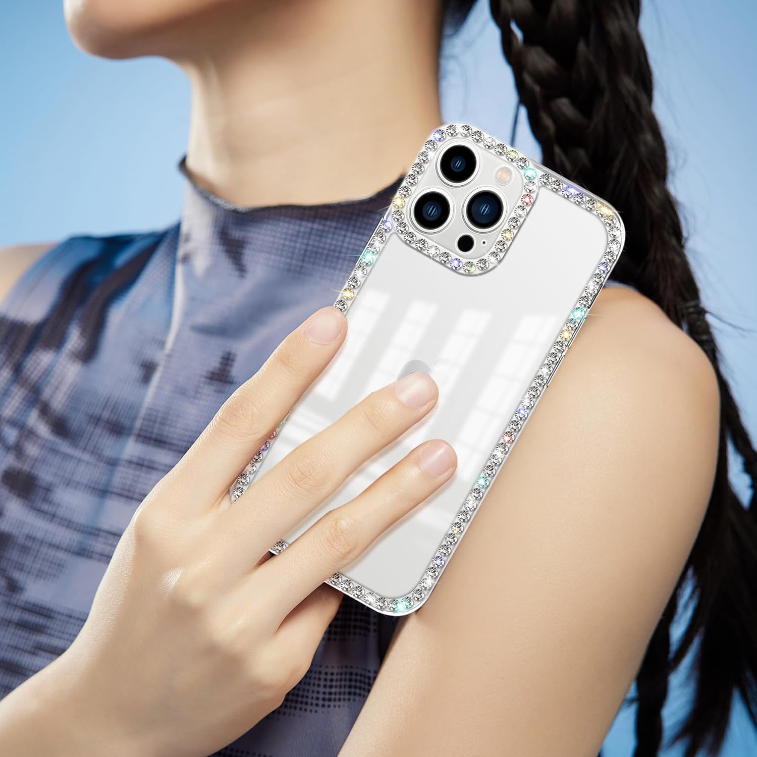 Funda compatible con iPhone 15 Pro Max transparente con diamantes de imitación para niñas y mujeres, funda femenina con purpurina brillante, diseño