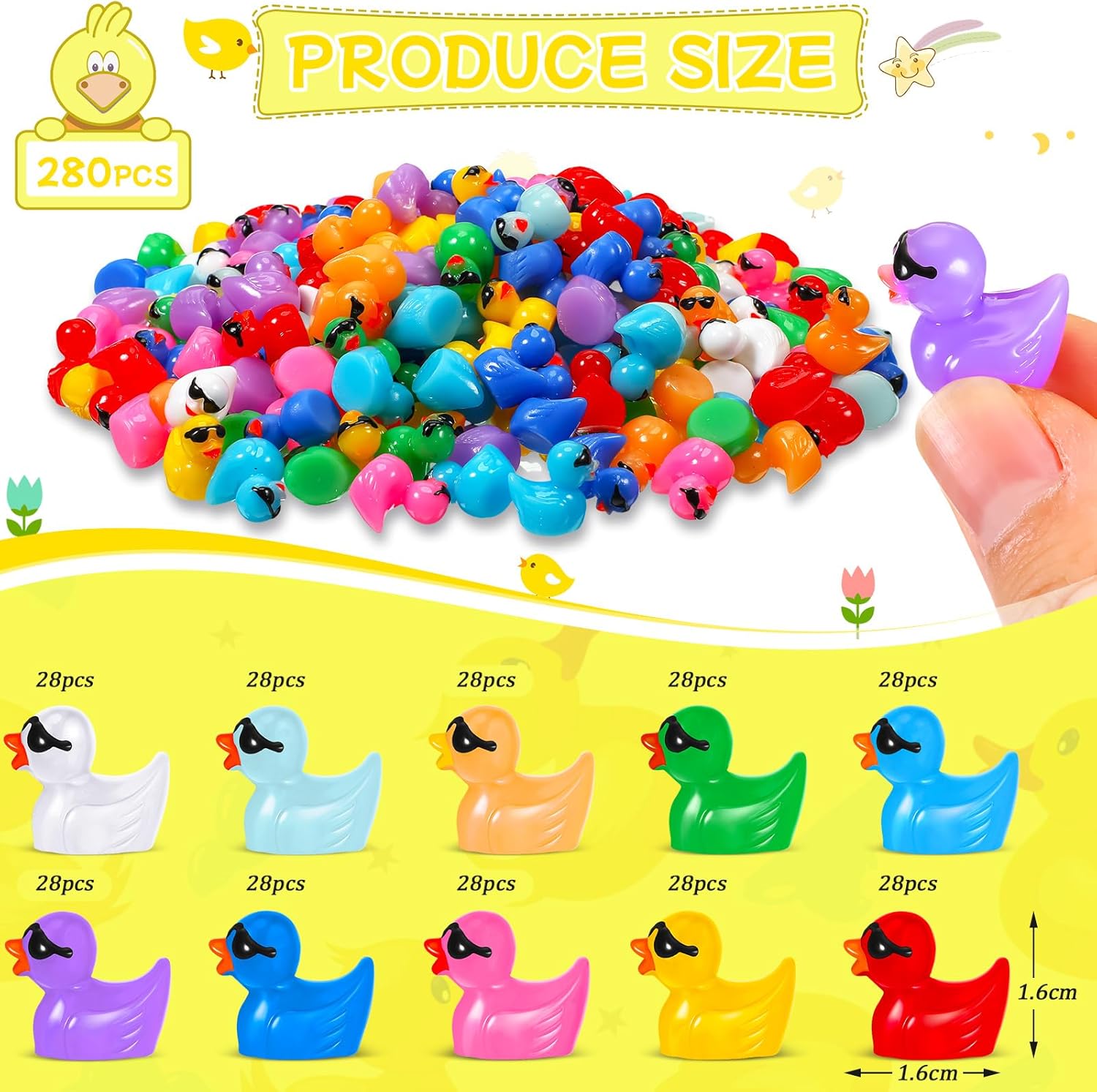 Queekay 280 mini figuras de hongos pequeños, patos en miniatura, setas de jardín, figuras de resina de colores, patos para interiores y exteriores,