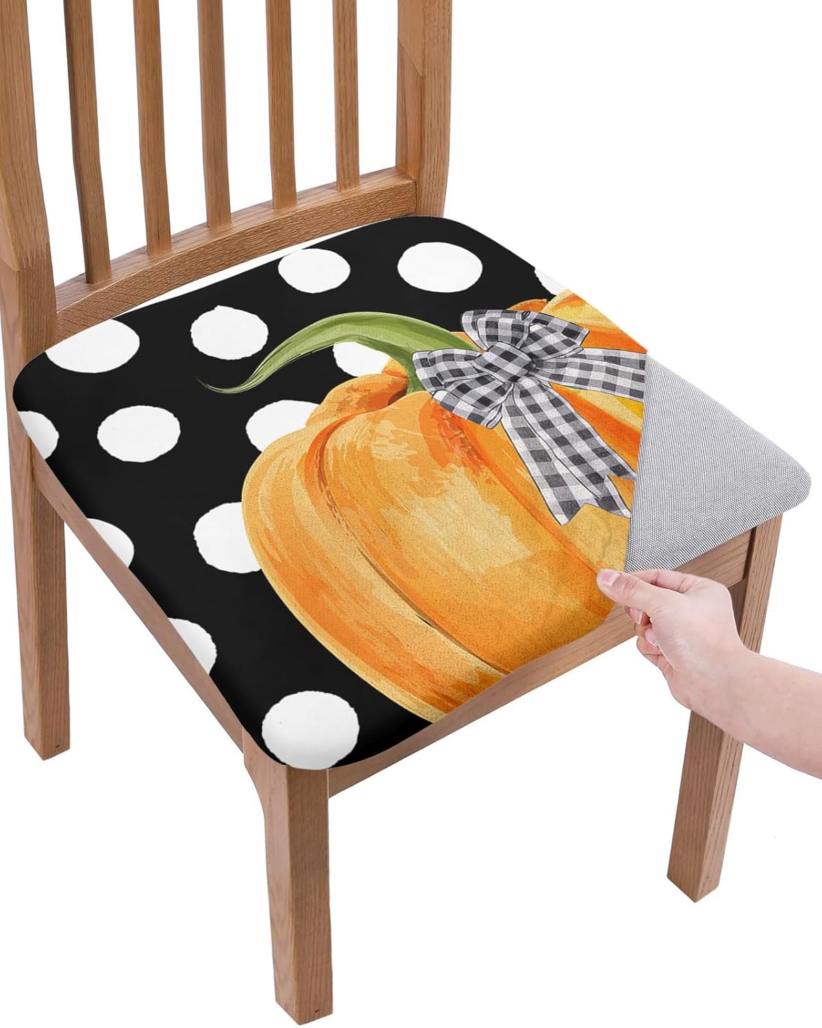 Juego de 6 fundas de asiento para silla de otoño, color naranja, diseño de calabaza para sillas de comedor, con lunares blancos, tapizadas,