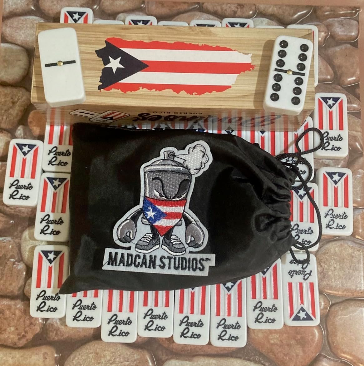 Juego de dominó de Puerto Rico, juego de dominó puertorriqueño, accesorios estilo boricua doble seis dominó de gran tamaño con banderas de Puerto