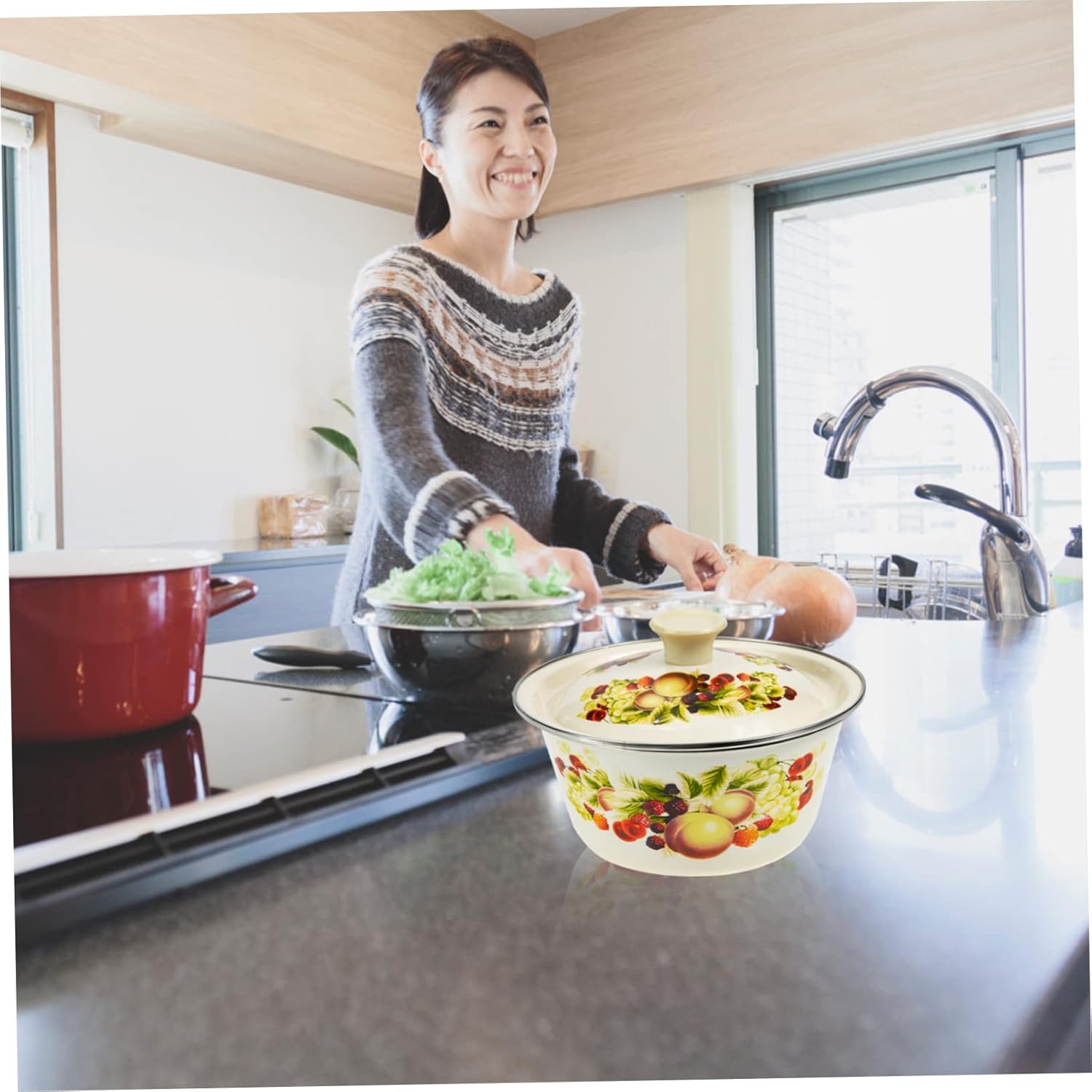 RORPOIR Recipientes de lavabo con tapa de esmalte Cuenca de sopa de esmalte Cuencos para mezclar cuencos de alimentos Ensaladera de acero inoxidable