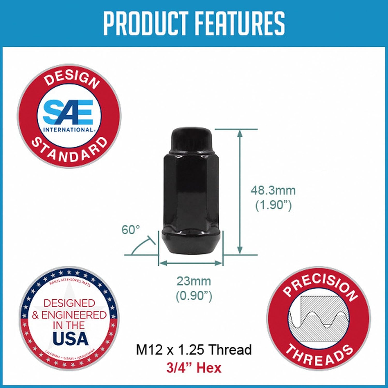 Wheel Accessories Parts 24 tuercas de rosca de 0.472 in, 1.25, 12 x 1.25, bellota de 34 pulgadas, hexagonal, 1.90 de largo, color negro cromado, se