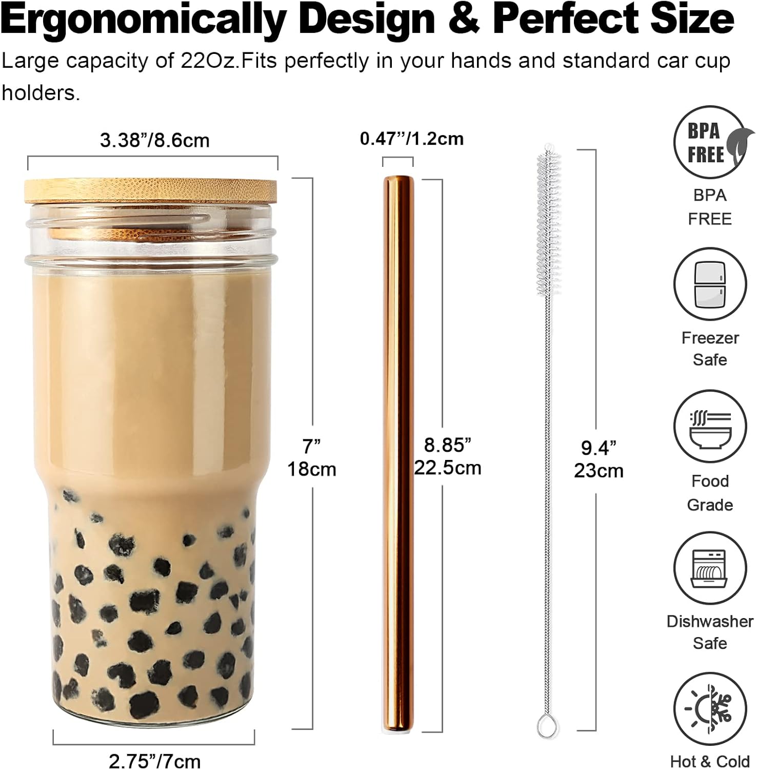 Vaso Boba reutilizable para batido de vidrio, vaso de té con burbujas, paquete de 2 vasos de boca ancha de 22 onzas para café helado con tapa de