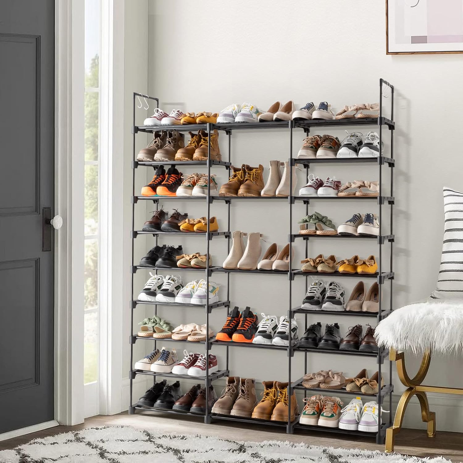 Zapatero alto de 9 niveles  Organizador de zapatos independiente  Organizadores grandes de metal para armarios y estantes de almacenamiento  Soporte