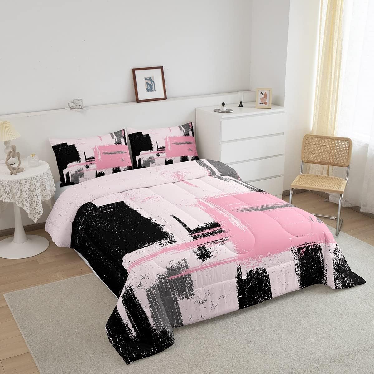 Feelyou Juego de edredón abstracto moderno de arte abstracto para niños y niñas, color rosa y negro, juego de ropa de cama para decoración de