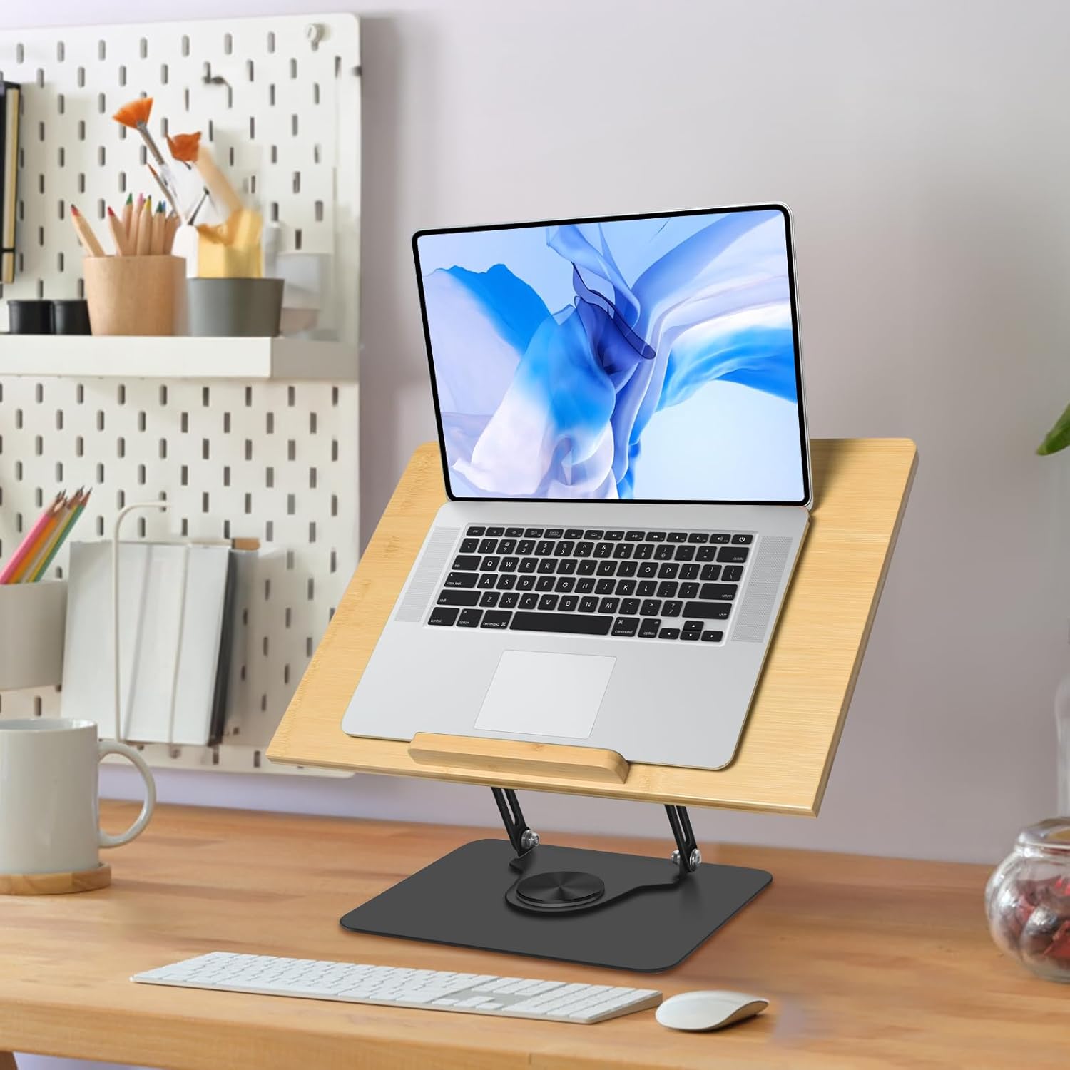 wishacc Soporte para computadora portátil para escritorio, soporte de computadora ajustable con base giratoria de 360, elevador ergonómico para