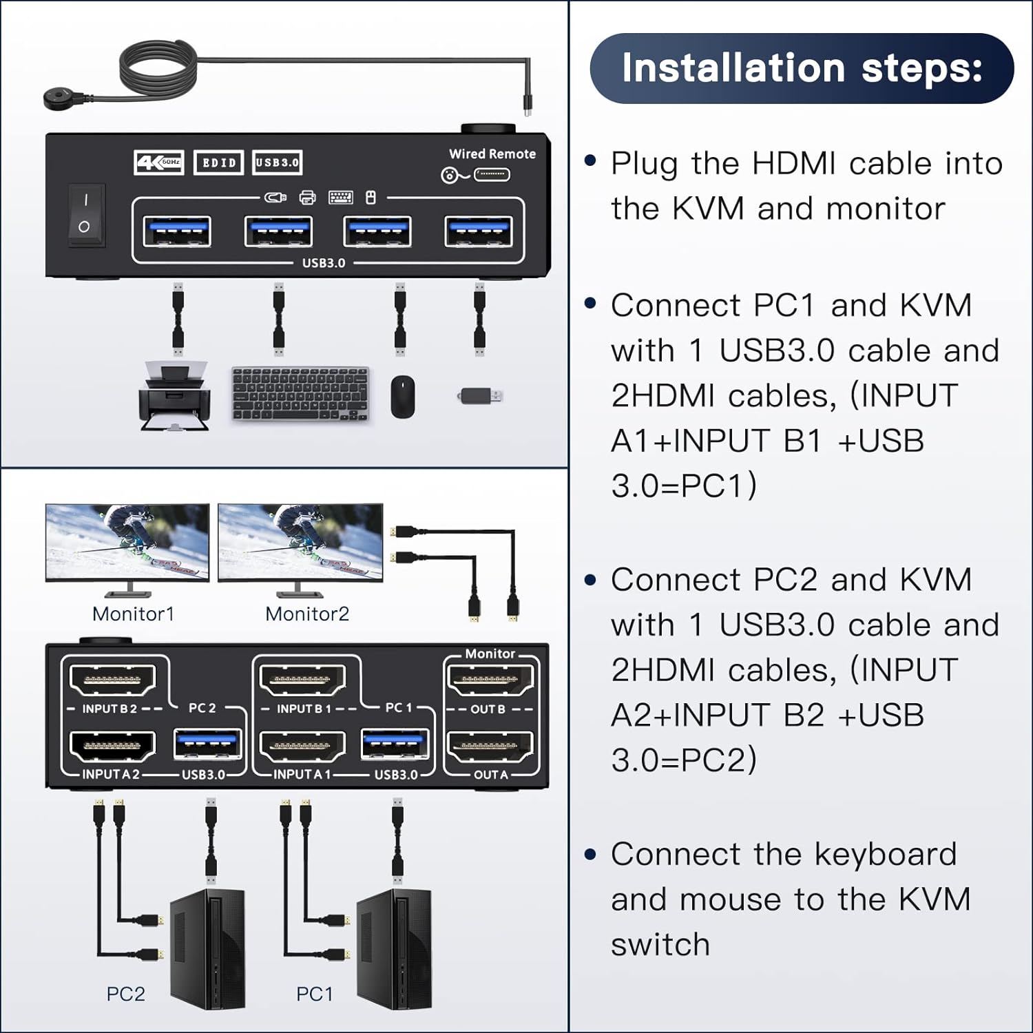 Interruptor KVM USB 3.0 HDMI Dual Monitor, Conmutador de pantalla extendida HDMI USB para 2 computadoras, 2 monitores y 4 puertos USB 3.0, con