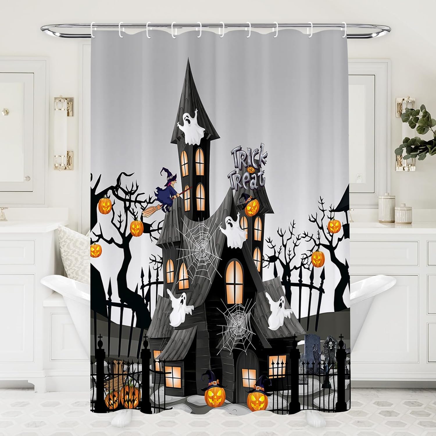 ARESD Cortina de ducha de Halloween para baño, cortina de baño de tela de araña, tela de poliéster, impermeable, decoración de Halloween, con 12