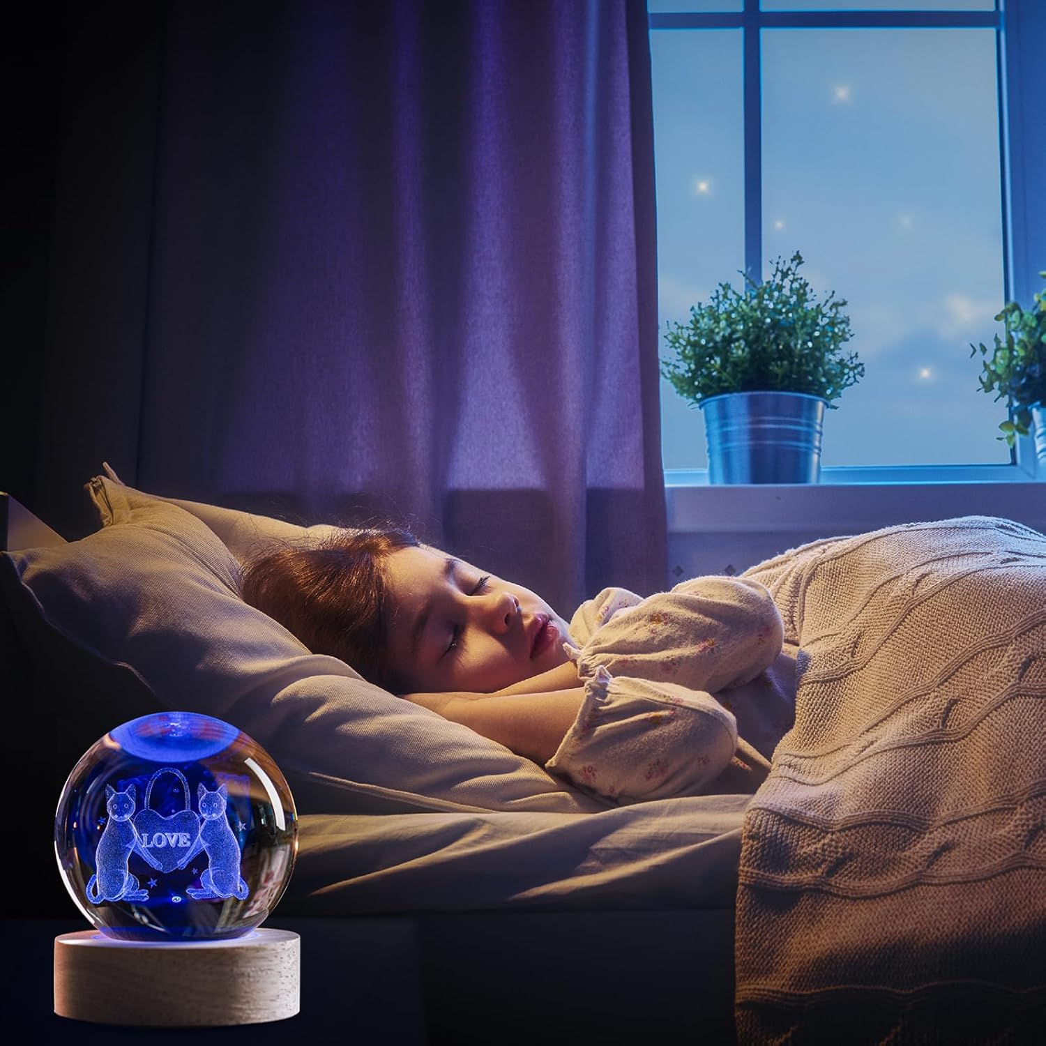 Luz nocturna de bola de cristal para habitación de los niños, bolas decorativas grabadas con láser de gato 3D con base de luz LED, luces nocturnas